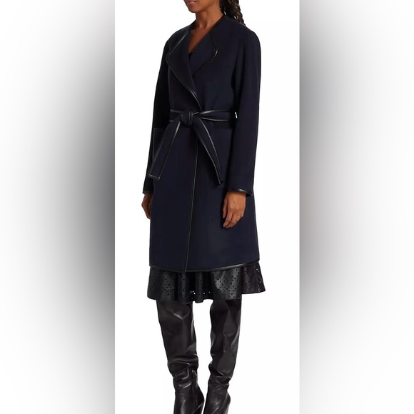 Elie Tahari Faux Leather-Trimmed Cashmere Wool Blend Wrap Coat Navy XL Womens - Picture 4 of 15